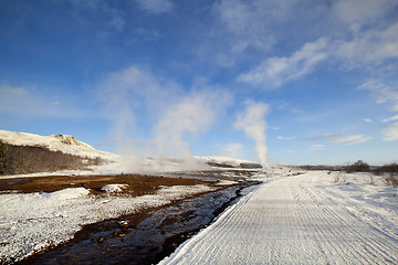 Image showing Several Geysers in a winter landscape in Iceland