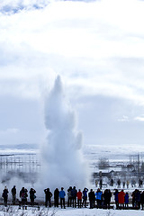 Image showing Visitors at the geyser erruption of Strokkur, Iceland