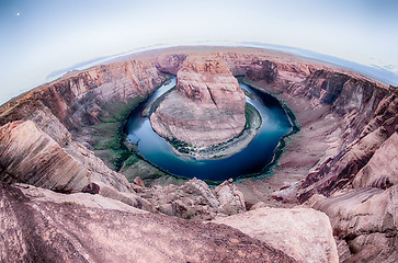 Image showing horseshoe bend at sunrise with clear sky and colorado river belo