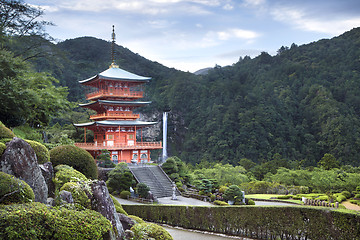 Image showing Temple and waterfall