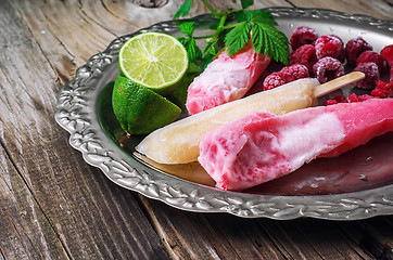 Image showing raspberry ice cream with old tray