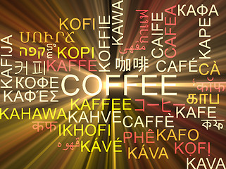 Image showing Coffee multilanguage wordcloud background concept glowing
