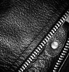 Image showing black leather clothing with a zipper. macro photo