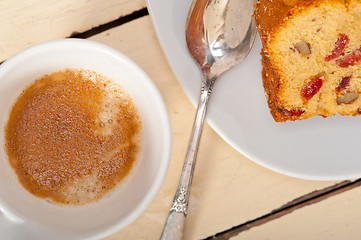 Image showing plum cake and espresso coffee 