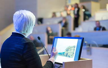 Image showing Business woman lecturing at Conference.