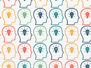 Image showing Marketing concept: Head With Lightbulb icons on wall background