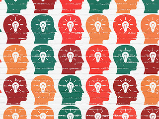 Image showing Marketing concept: Head With Light Bulb icons on wall background