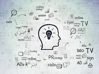 Image showing Advertising concept: Head With Lightbulb on Digital Paper background