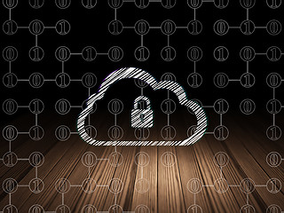 Image showing Cloud networking concept: Cloud With Padlock in grunge dark room