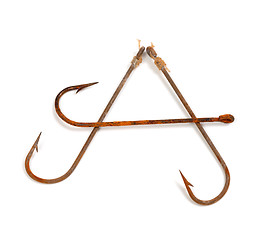 Image showing Letter A composed of old rusty fish hooks