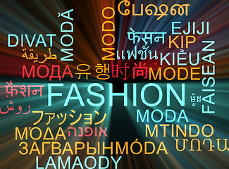 Image showing Fashion multilanguage wordcloud background concept glowing