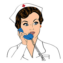 Image showing Beautiful friendly and confident nurse at phone 