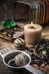 Image showing tea brew with lime and mint on wooden background 