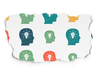 Image showing Education concept: Head With Light Bulb icons on Torn Paper background