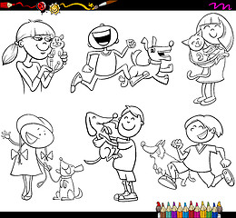 Image showing kids and pets set coloring page