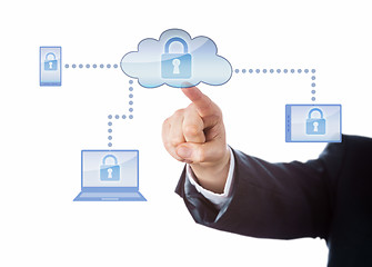 Image showing Hand Touching A Locked Cloud Computing Network