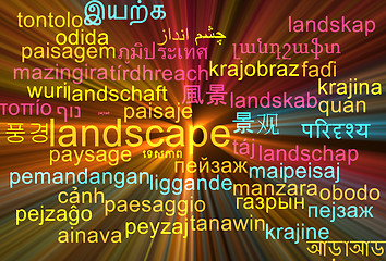 Image showing Landscape multilanguage wordcloud background concept glowing