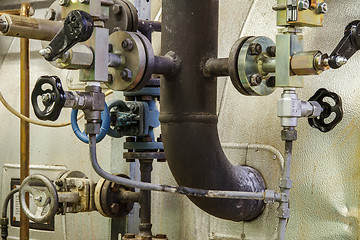 Image showing Pipes and faucet valves of heating system in a boiler room