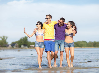 Image showing group of happy friends walking along beach