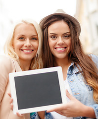 Image showing beautiful girls with blank tablet pc screen