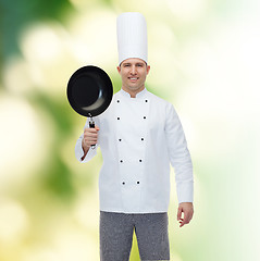 Image showing happy male chef cook holding frying pan