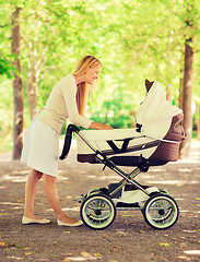 Image showing happy mother with stroller in park