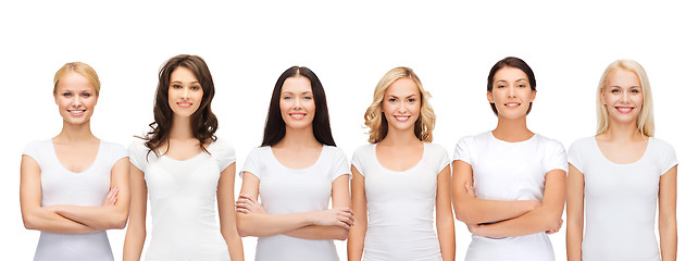 Image showing group of smiling women in blank white t-shirts