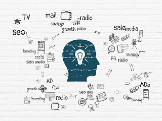 Image showing Advertising concept: Head With Light Bulb on wall background