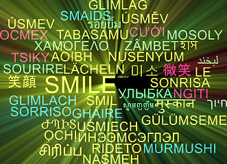 Image showing Smile multilanguage wordcloud background concept glowing
