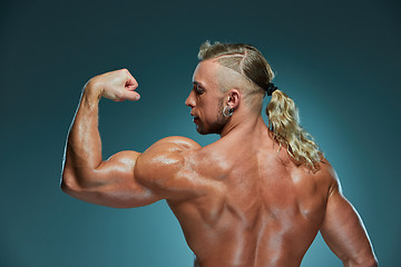 Image showing Attractive male body builder on blue background