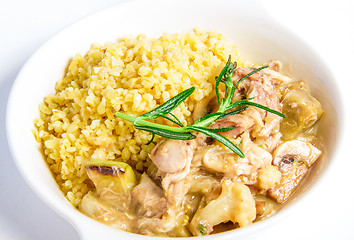 Image showing Meat stewed of rabbit closeup on white plate