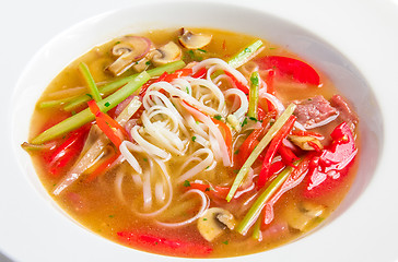 Image showing Pho bo, Vietnamese soup with rice noodles, beef and mushrooms