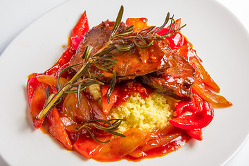 Image showing Couscous with lamb in sweet and sour tomato sauce.