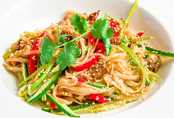 Image showing Pan-Asian rice noodles with beef, vegetables, bean sprouts in a sweet and sour sauce