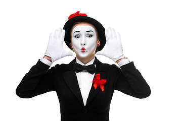 Image showing Portrait of the surprised mime with their hands up