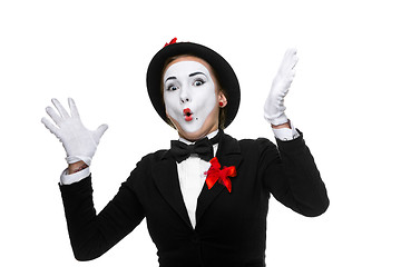 Image showing Portrait of the surprised and joyful mime with open mouth