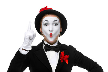 Image showing Portrait of the surprised and joyful mime with open mouth