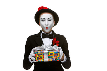 Image showing Mime as playful, joyful and excited woman with gift 