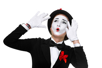 Image showing Portrait of the surprised and joyful mime with open mouth