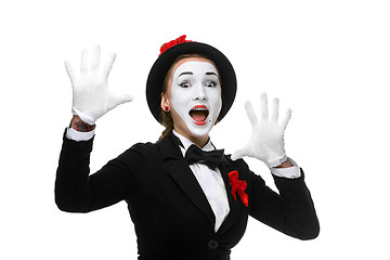 Image showing Portrait of the surprised and joyful mime with open mouth