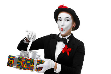 Image showing Mime as playful, joyful and excited woman with gift 