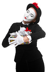 Image showing Mime as playful, joyful and excited woman with gift 