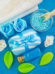 Image showing sea salt,soap and oil