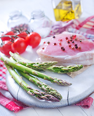 Image showing raw meat and asparagus