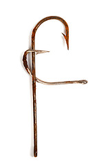 Image showing Letter F composed of old rusty fish hooks