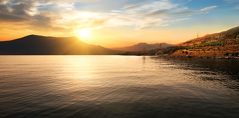 Image showing Calm sea and mountains