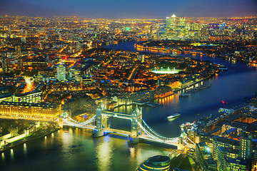 Image showing Aerial overview of London city with the Tower bridge