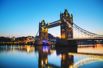 Image showing Tower bridge in London, Great Britain at sunrise