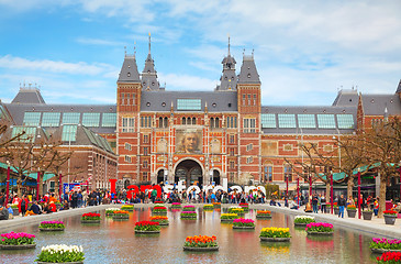 Image showing I Amsterdam slogan with crowd of tourists