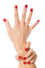 Image showing Woman with beautiful manicured red fingernails